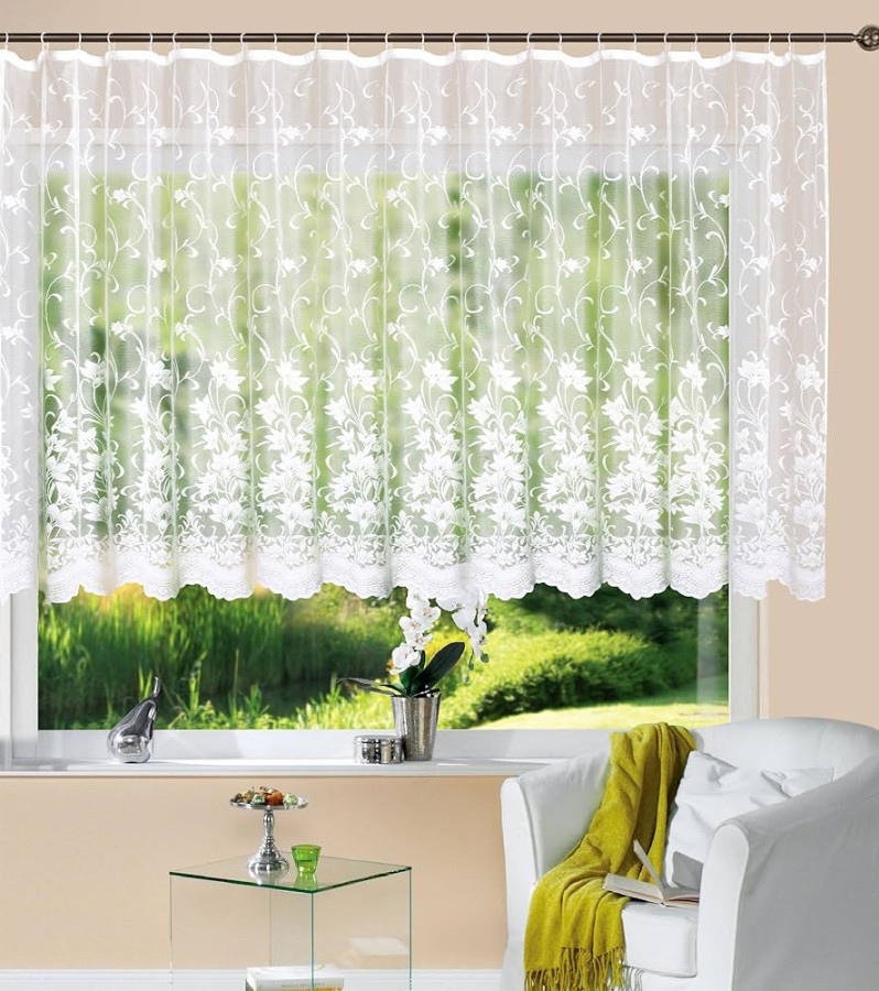 Gardine Store Kurzstore Jacquard Koblenz HxB x cm Kräuselband  Universalband Weiß Blumenmuster Transparent Voile Vorhang Wohnzimmer