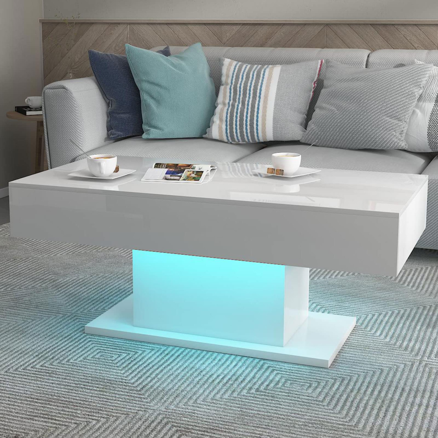 KEEPREAPER Couchtisch Wohnzimmertisch weiß Hochglanz, Sofatisch mit LED  Beleuchtung modern für Wohnzimmer, xxcm/USB (Weiß-CT)