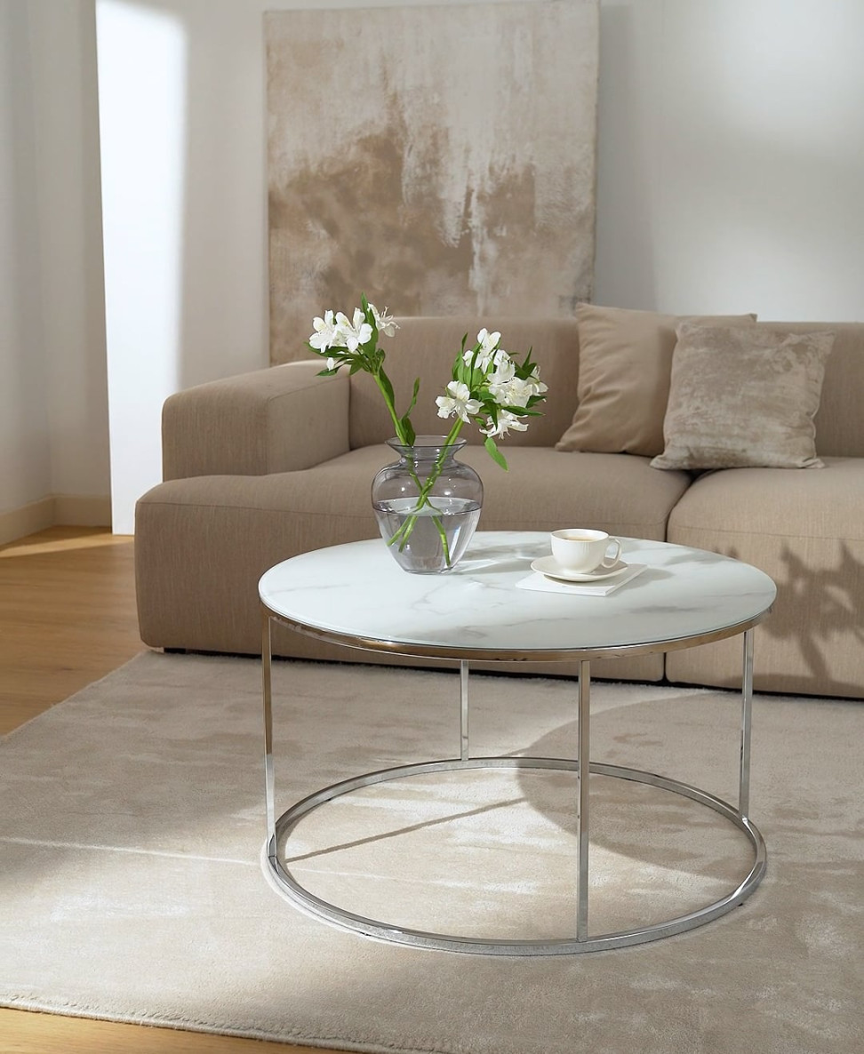 Runder Couchtisch Antigua mit Glasplatte in Marmor-Optik