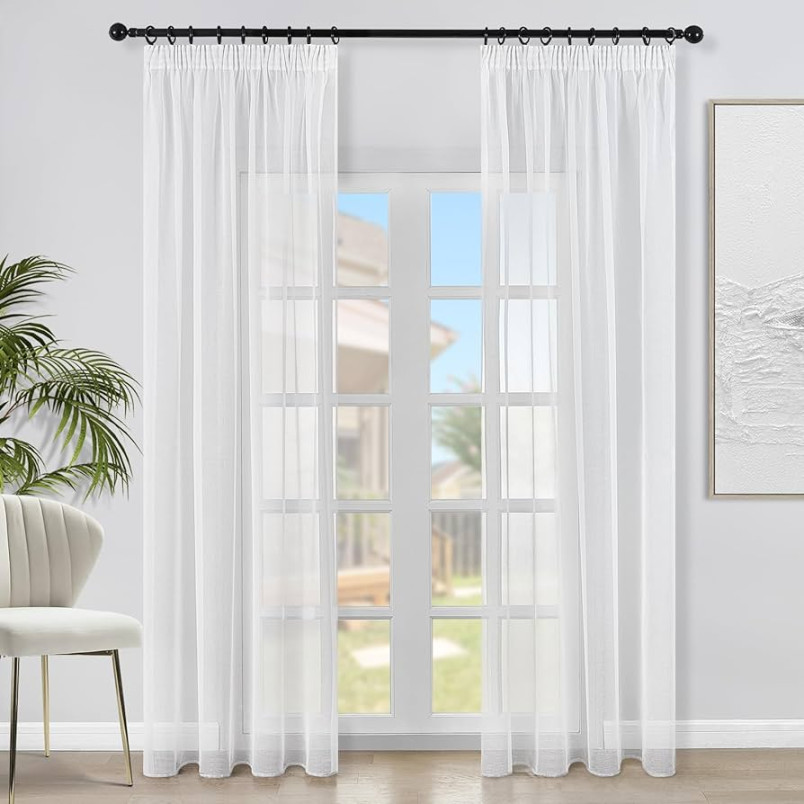 Topfinel Gardinen Wohnzimmer Modern Stores Vorhänge mit Kräuselband Weiß  Sheer Curtains Semi Transparent Gardine Schals  cm Lang er Set