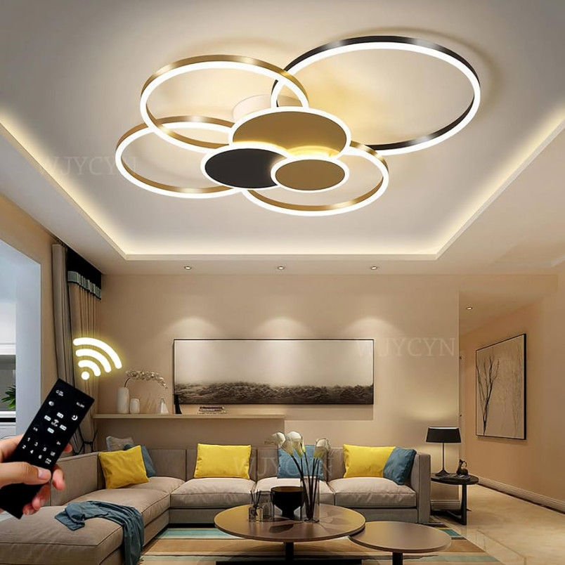 Dimmbare Große Wohnzimmer leuchte LED Ring Gold & Schwarz Deckenleuchte  Moderne Schlafzimmerleuchten mit Fernbedienungen Deckenbeleuchtung Metall