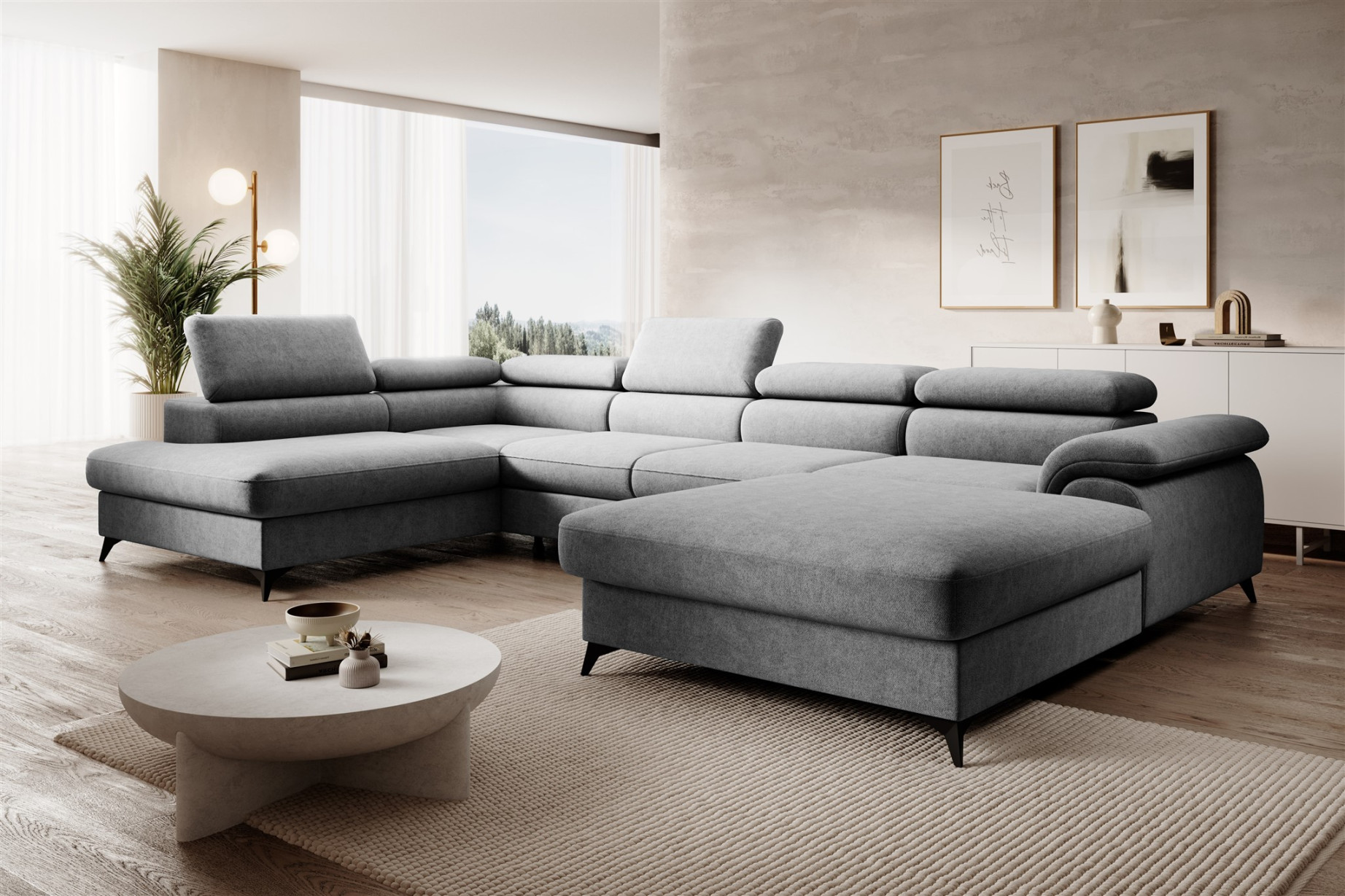 Wohnlandschaft U-Form Schlafsofa BASTIEN in Stoff Whisper Grau Ottomane  Rechts