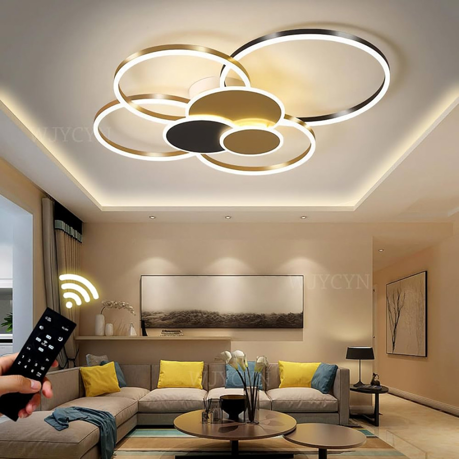 Dimmbare Große Wohnzimmer leuchte LED Ring Gold & Schwarz Deckenleuchte  Moderne Schlafzimmerleuchten mit Fernbedienungen Deckenbeleuchtung Metall